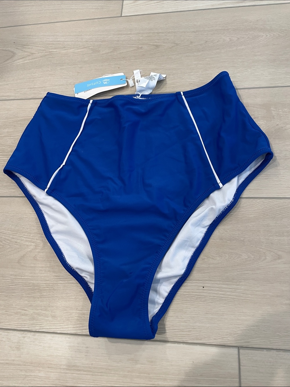 Cupshe Royal Blue High-Waist Women's Swim Bottom with White Piping